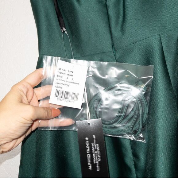 NWT Alfred Sung Hunter Green Strapless Notch Neck Satin Gown Size 0 - Picture 7 of 9